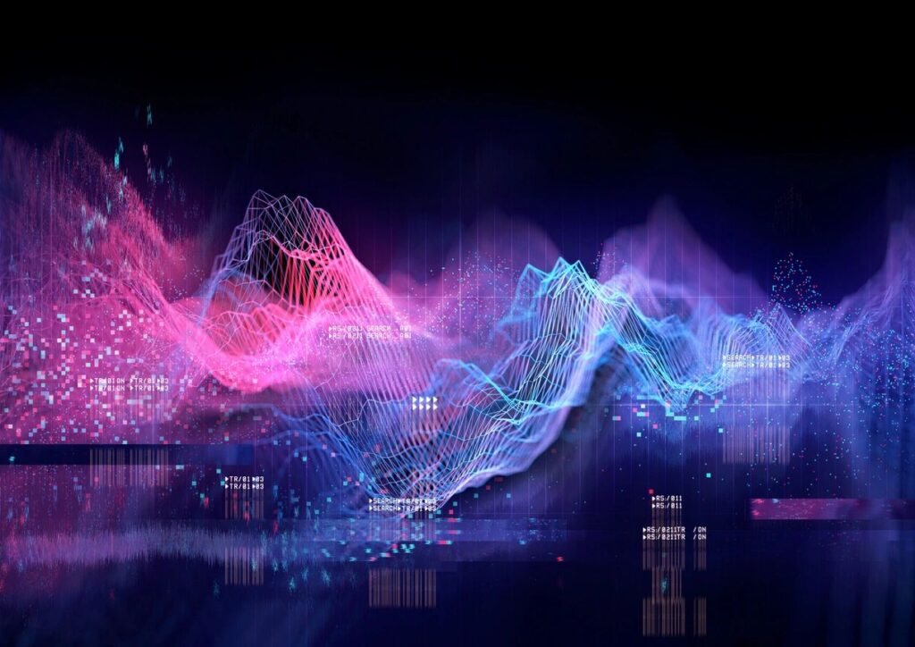 A city with lights and purple and blue colors